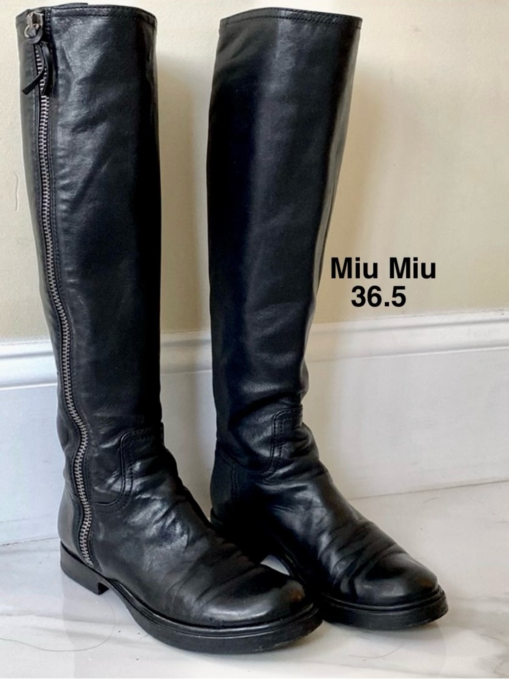 Miu Miu Black Leather Knee-High Riding Boots Boots 5W8202 F020 size 36.5